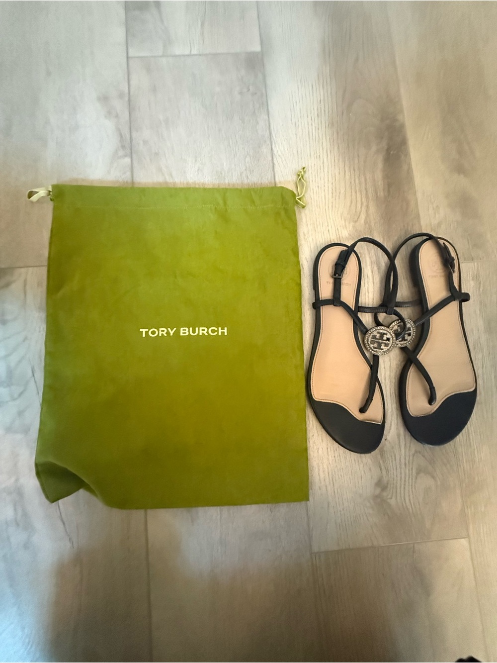 Tory Burch Black Crystal Double T Logo T-Strap Sandals Women’s 7.5